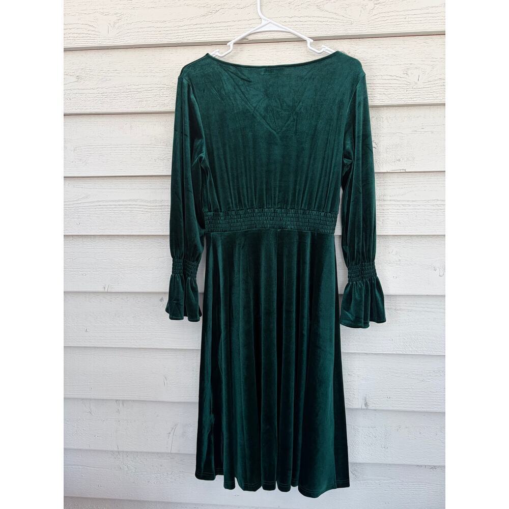 Emerald Green Velvet Dress • V-Neck• Smocked Waist • Bell Sleeve • Romantic Boho - Picture 8 of 10
